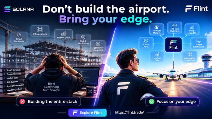A promotional graphic for 'Flint' on the Solana blockchain with the text 'Don't build the airport. Bring your edge,' comparing building infrastructure from scratch versus using Flint's pre-built trading tools.