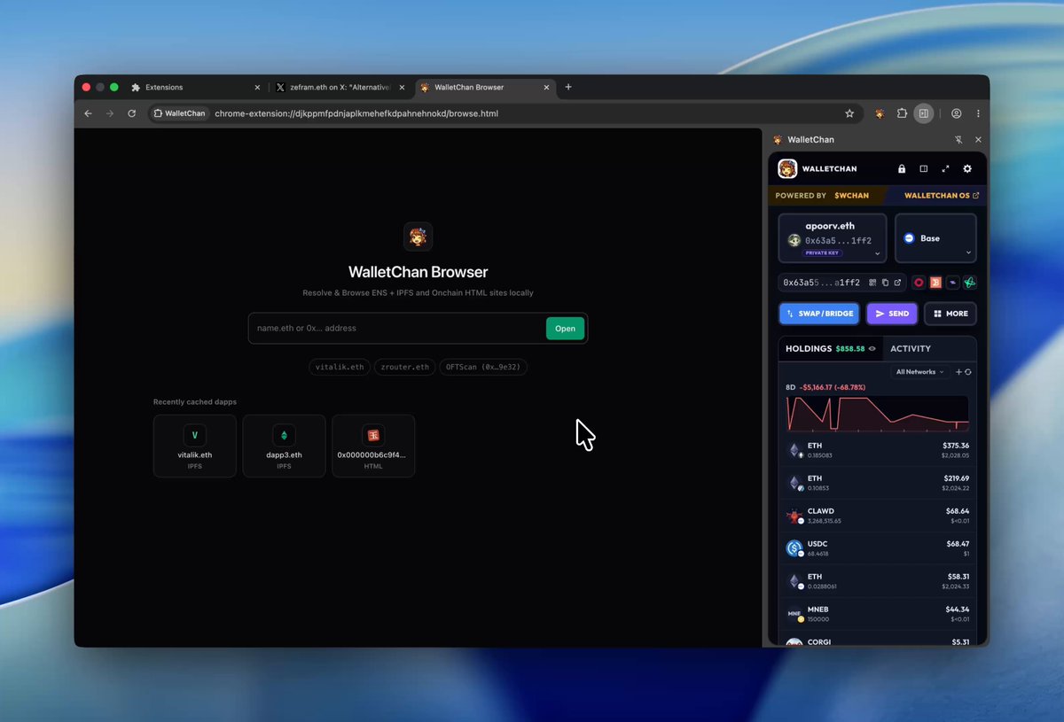 The image shows a computer screen displaying a webpage called "WalletChan" with a dedicated homepage, along with several other tabs and windows open. The main focus of the image is the Wallet Chan website, which has been updated to include a new feature for localizing HTML5 apps onchain. This means that users can now access wallet-related applications directly from their local machines without needing an internet connection. Additionally, there are some other tabs and windows open in the background, suggesting that the user might be multitasking or browsing multiple sites simultaneously.