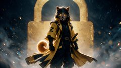 A fantasy illustration of a samurai-like cat character holding a glowing orb, standing before a large stone gate in a dark, atmospheric setting.