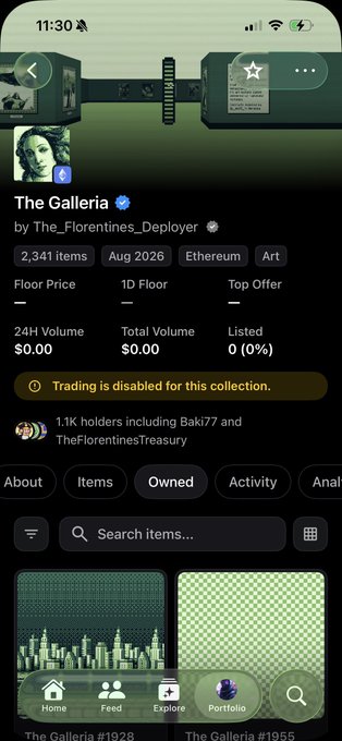 A mobile screenshot of an NFT collection called 'The Galleria' by The_Florentines_Deployer on Ethereum, showing 2,341 items with 0.00 total volume and a notice that trading is disabled.