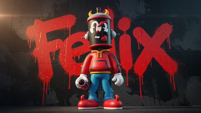 A 3D-rendered character with a black cylindrical head wearing a crown, red hoodie, and blue pants stands in front of graffiti-style 'Felix' text on a dark wall.