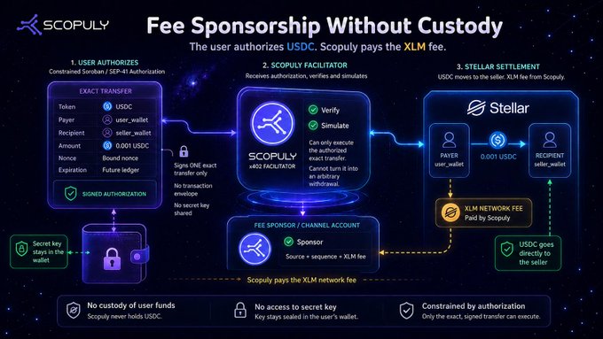 An infographic titled 'Fee Sponsorship Without Custody' explaining a three-step process involving Scopuly and Stellar for USDC transactions.