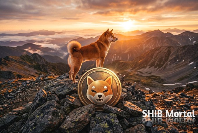 A Shiba Inu stands atop a mountain peak beside a golden SHIB coin at sunset, with the text "SHIB Mortal" displayed in the corner. The majestic, triumphant imagery reinforces the post's message of holding through dips and recognizing $SHIB as a long-term battle against conventional finance.