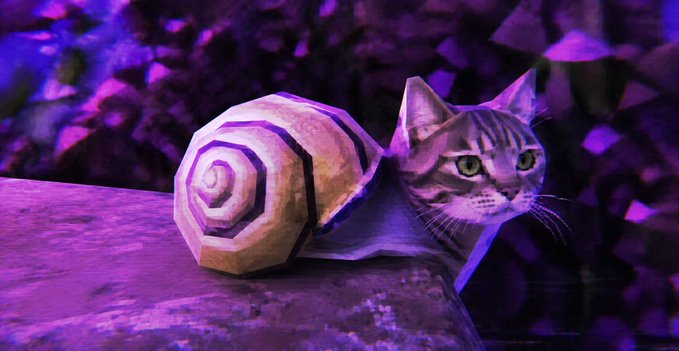 A tabby cat peers out from underneath a carved stone spiral sculpture, illuminated by purple and pink lighting against a leafy background.