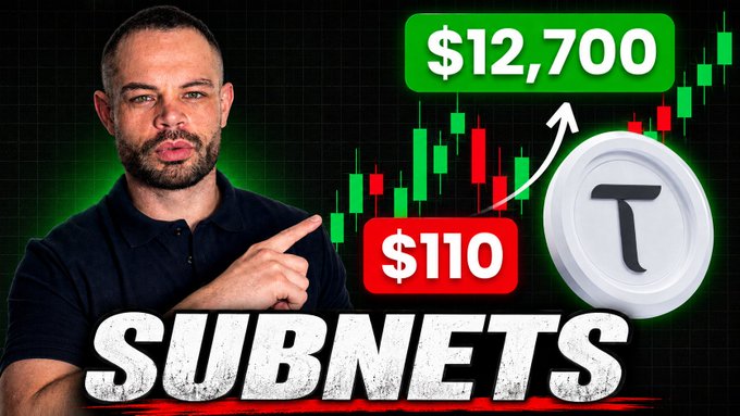 A YouTube thumbnail featuring a man pointing to text reading 'SUBNETS' with a price increase from '$110' to '$12,700' alongside a chart, crypto 'T' token logo, and stock candlesticks.