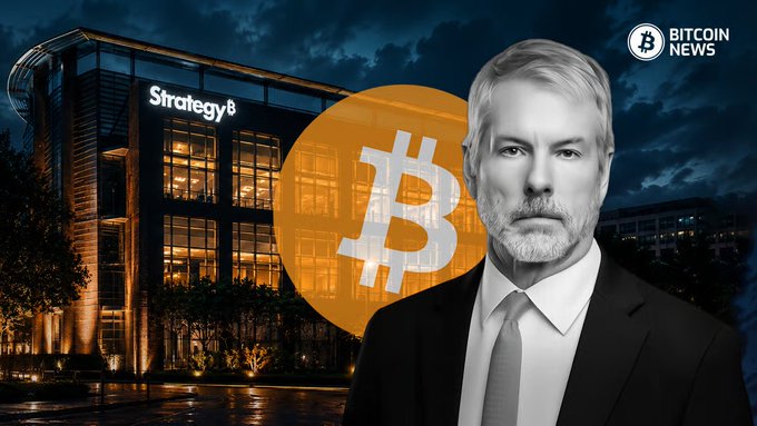 The image features a man dressed in a suit standing next to a building with "Strategy" written on its facade, as well as an orange circle with a Bitcoin symbol above him. The text in the image reads "QCP Capital: Strategy has extended its runway to roughly 7.5 months before running out of cash for dividend payments. In the short term, we think this overhang may continue to prevent Bitcoin from fully participating in the broader macro-optimism".