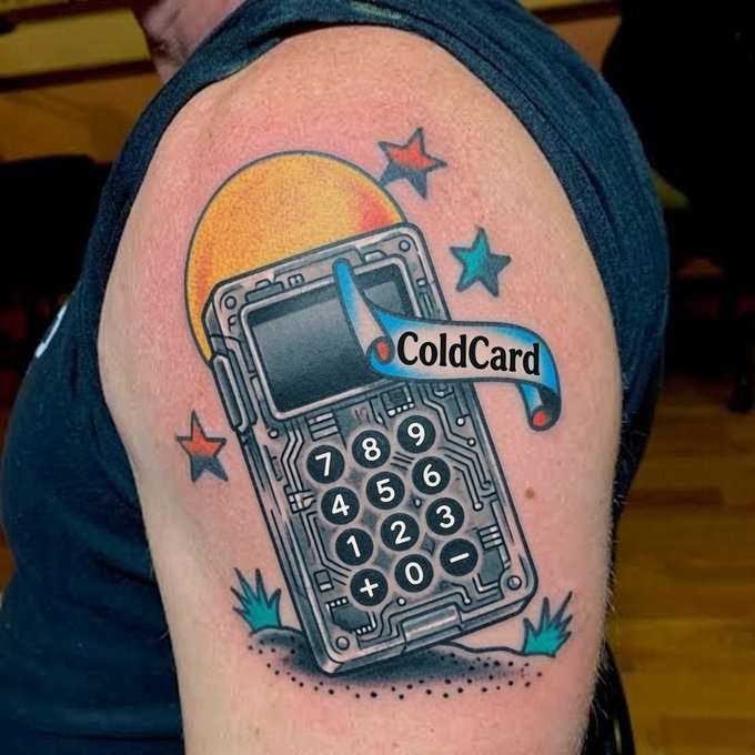 A tattoo on someone's upper arm depicting a hardware wallet device with a keypad and a banner reading 'ColdCard', set against a sunset background with stars.