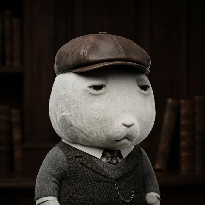 A digital illustration of a white hamster or mouse character dressed as a Victorian gentleman with a brown flat cap, gray vest, and tie, standing in front of dark bookshelves.