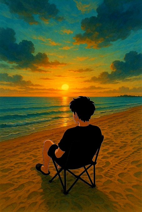 An illustration shows a person with dark hair sitting on a folding chair on a sandy beach, watching a vibrant sunset over the ocean with dramatic clouds.