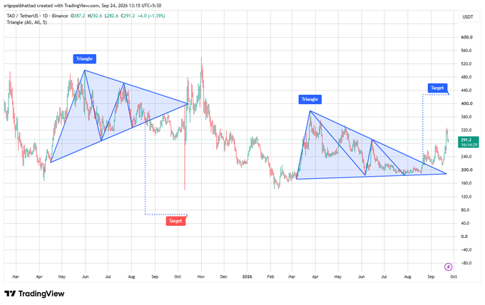 A TradingView chart of TAO/TetherUS displays blue 'Triangle' patterns with labeled 'Target' points on the daily timeframe.