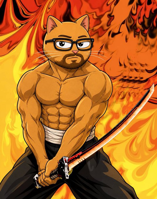 An illustration of a muscular, anthropomorphic orange cat wearing glasses and holding a katana sword, set against a backdrop of flames.