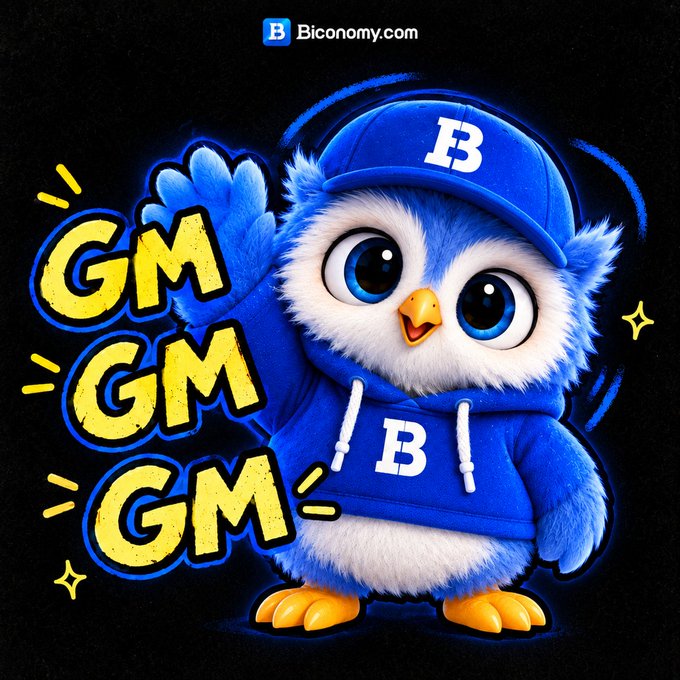 Cute blue and white cartoon owl wearing a blue cap and hoodie with 'B' branding, waving alongside yellow 'GM GM GM' text and the 'Biconomy.com' logo.