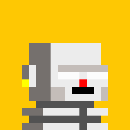 A pixel art illustration of a gray electronic device or terminal with a red light, set against a yellow background.