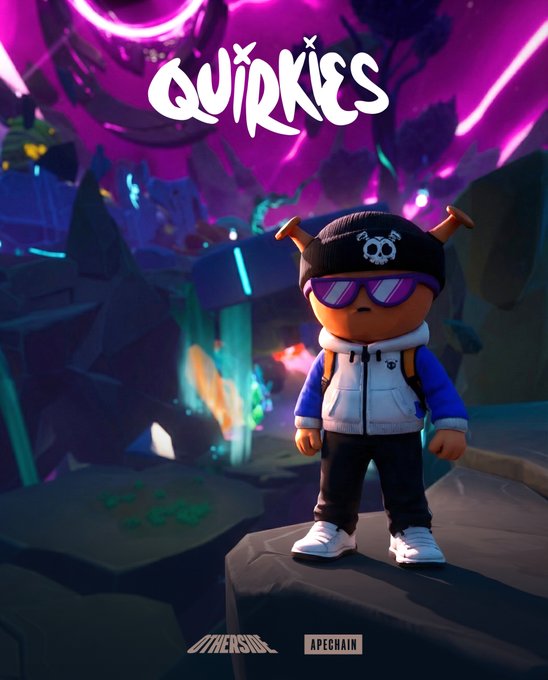 Promotional artwork for 'Quirkies' featuring a 3D animated character wearing a black beanie with crossbones, sunglasses, and a white hoodie, standing in a vibrant purple fantasy landscape.