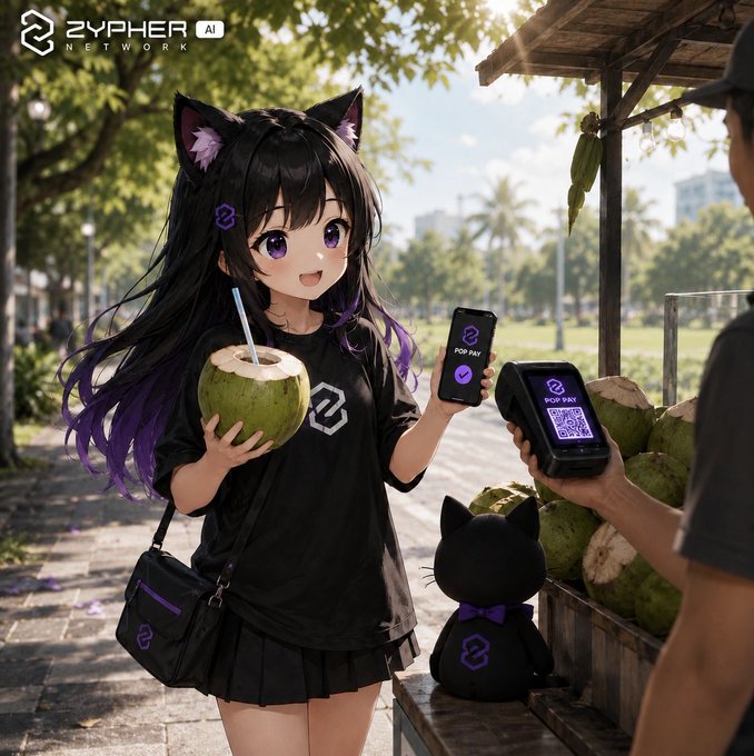 An anime-style illustration featuring a girl with cat ears holding a coconut and a smartphone displaying a 'POP PAY' QR code for payment, with 'ZYPHER AI NETWORK' branding in the corner.