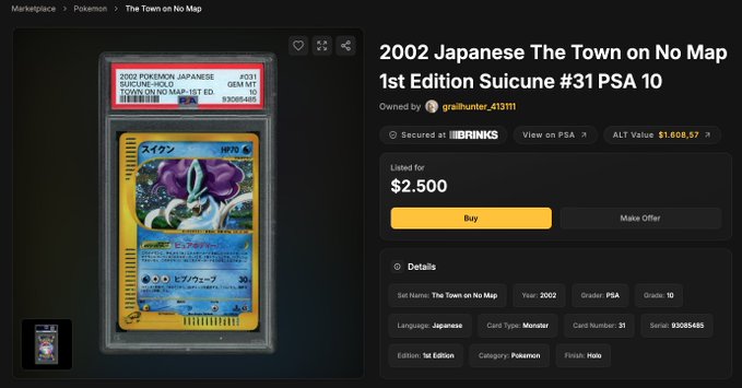 A screenshot of the Beezie marketplace displaying a PSA 10 graded 2002 Japanese "The Town on No Map" 1st Edition Suicune #31 card listed for $2,500, with an ALT value of $1,606.57, illustrating the rare and low-pop slabs available on the platform mentioned in the post.