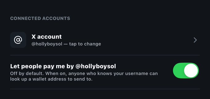 A settings screen showing a connected X account '@hollyboysol' with a toggle enabled for 'Let people pay me by @hollyboysol'.