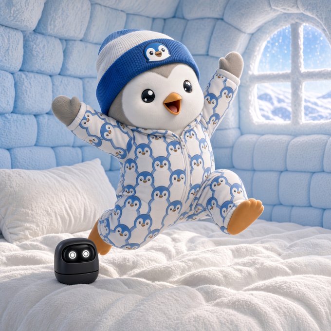 A 3D-rendered cute penguin-like character wearing a blue and white penguin-patterned onesie and matching beanie, joyfully jumping on a soft white bed in an igloo room alongside a small black robot.