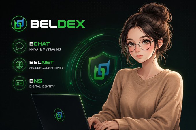 A promotional graphic for BELDEX featuring an anime-style woman at a laptop, alongside icons and text for 'BCHAT PRIVATE MESSAGING', 'BELNET SECURE CONNECTIVITY', and 'BNS DIGITAL IDENTITY'.