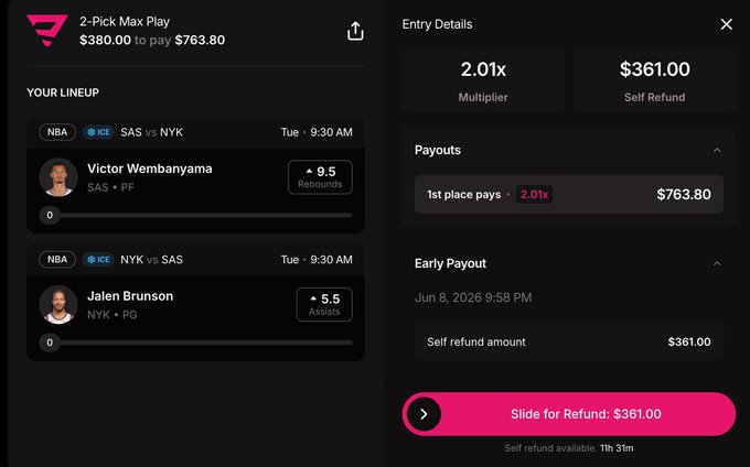 The image displays a Prediction Market for the World Cup with two players being chosen from a lineup of NBA players. $2,000 has been deposited into the account. Players are being predicted whether they will perform better than certain linesups or not, based on their actual performance during the game. The post features a predicted result stating that the player in question is worth more than 2,000 dollars and will likely perform better than his opponents.