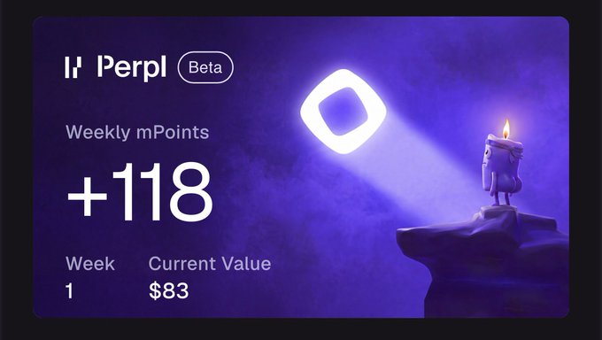 Perpl Beta dashboard card showing Weekly mPoints of +118 for Week 1 with a Current Value of $83, featuring a candle illustration.