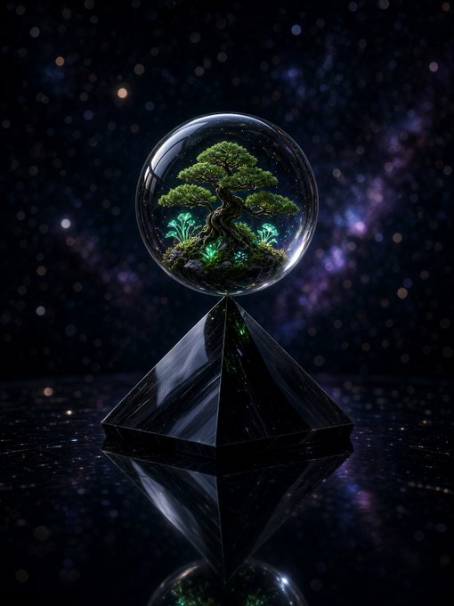 A digital art piece showing a glass sphere containing a small bonsai-like tree, resting on a black, diamond-shaped reflective base against a starry cosmic background.