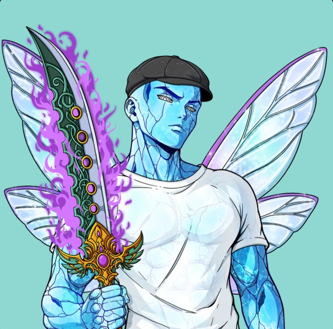An anime-style illustration of a blue-skinned character with butterfly wings, wearing a black cap and white t-shirt, holding an ornate sword wreathed in purple flames.