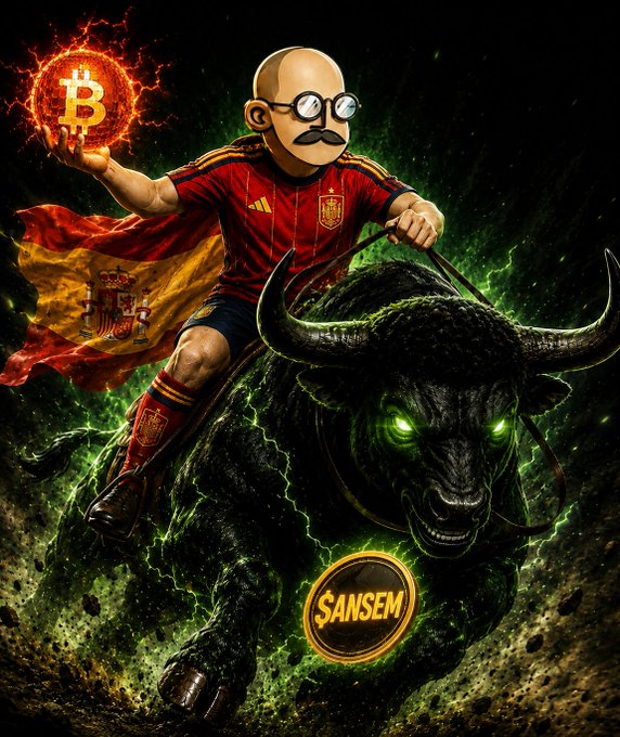 A cartoon figure in a Spanish national team jersey rides a glowing green-eyed bull while holding a fiery Bitcoin, with the text "ANSEM" displayed at the bottom—symbolizing bullish crypto enthusiasm and the spirit of rewarding active community holders as highlighted in the post.