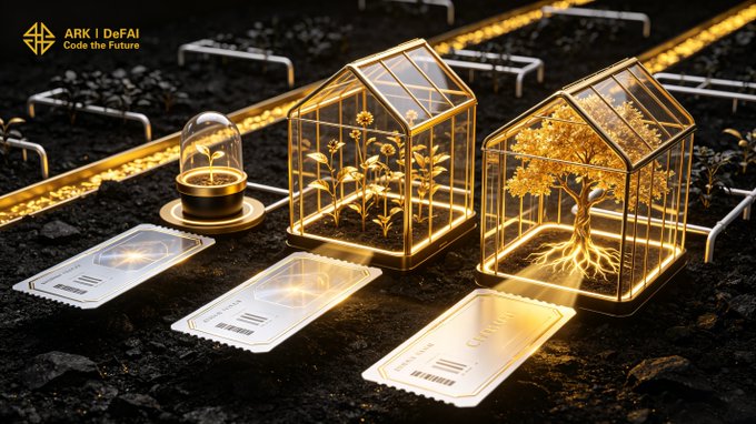 A glowing golden seedling in a glass dome grows into a flourishing tree encased in a progressively larger greenhouse, illustrating how Arkie's AI agents and user interactions cultivate long-term ecosystem growth. The image features the "ARK | DeFAI — Code the Future" logo and three ascending cards labeled "Seed," "Sprout," and "Grove," symbolizing the platform's staged value-building journey.