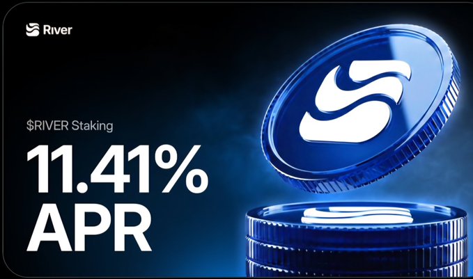 An advertisement for River ($RIVER) staking displaying an 11.41% APR rate alongside images of blue cryptocurrency coins.