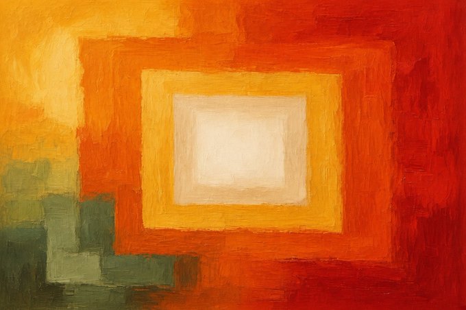 An abstract painting featuring concentric rectangles in warm tones of orange, yellow, and red with a bright cream-colored center, accented by darker green and olive blocks in the lower left corner.