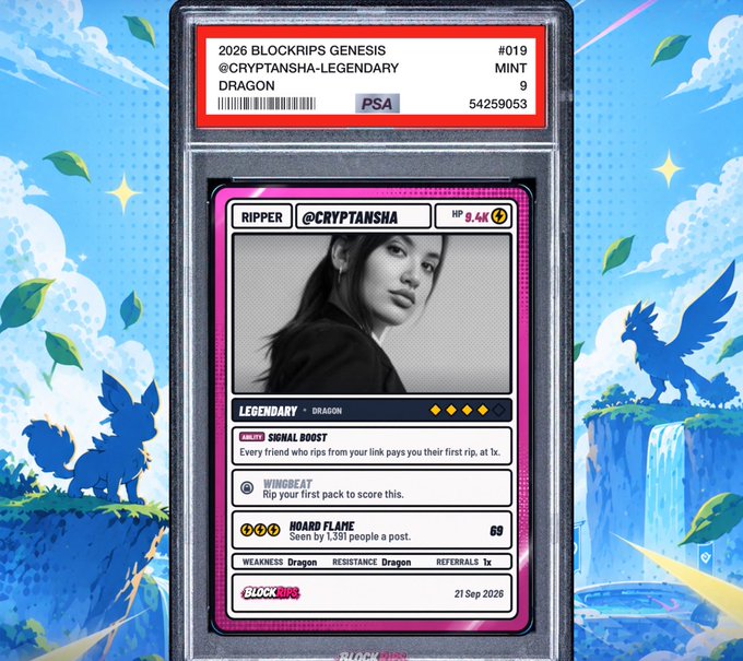 PSA 9 mint 2026 Blockrips Genesis #019 card titled '@CRYPTANSHA-LEGENDARY DRAGON' featuring the Ripper 'CRYPTO SIGNAL BOOST' ability, dated 21 Sep 2026.