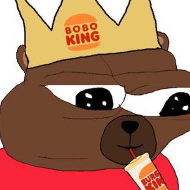 The image features a cartoon depiction of a brown bear wearing a crown, holding a straw with a drink, and dressed in a red shirt. The caption reads "People view $BOBO similar to $PEPE so bid it up to the same level send the bear 100x". This suggests that the bear is being compared to a popular fast-food item or brand, possibly implying that the bear has become a sensation or is associated with the brand in some way.