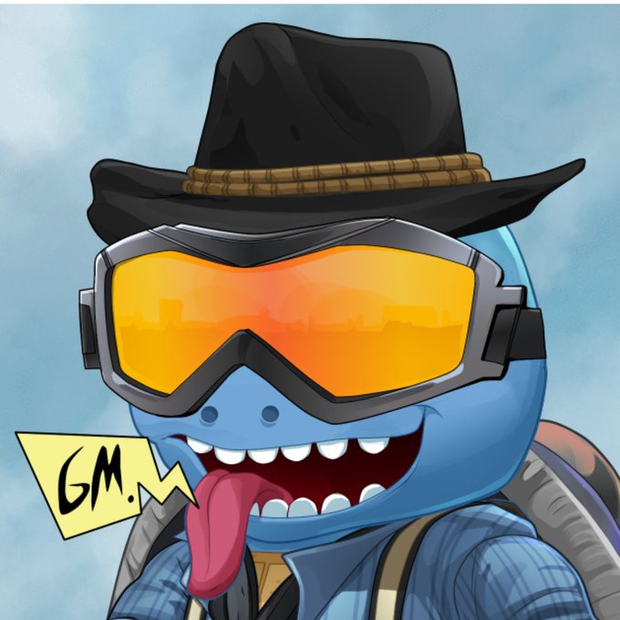 A colorful cartoon illustration of a blue monster character wearing a black cowboy hat and orange ski goggles, with a speech bubble reading 'GM.'