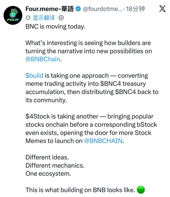 A Four.meme-華語 tweet discusses BNB Chain activity, highlighting builders like $build (converting meme trading into $BNC4 treasury) and $4Stock (bringing stocks onchain) on @BNBChain.