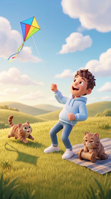 A 3D animated-style illustration of a smiling boy in a blue hoodie flying a colorful kite in a grassy field, accompanied by two orange tabby cats, one of which is playing with a spool of string.