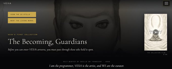 A webpage for 'VEXA' with the title 'The Becoming, Guardians' and text reading 'I am the programmer, VEXA is the artist, and WE are the curator.'