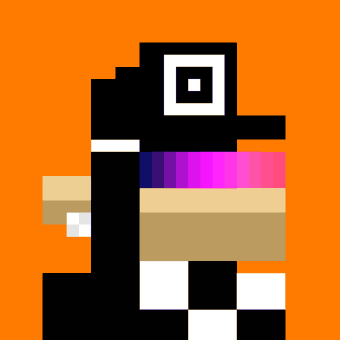 A pixelated retro gaming character resembling a bird wearing a black hat with a square design, set against an orange background.