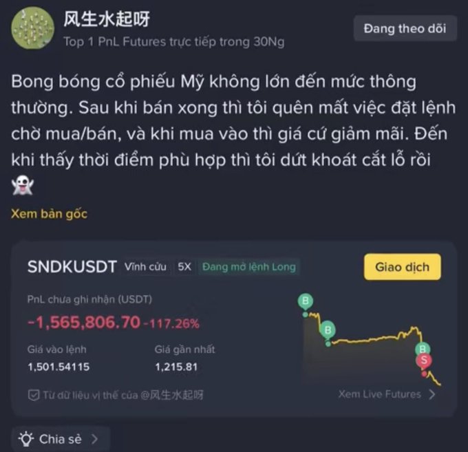 A screenshot from Binance showing a trader's account @风生水起呀 with the ticker SNDKUSDT (5X Long position) displaying an unrealized PnL of -1,565,806.70 USDT (-117.26%) alongside a Vietnamese caption about the US stock bubble not being as alarming as it seems. The accompanying post highlights the trader's massive $2 million loss on the SNDK long position, comparing the loss value to several luxury villas in District 1.