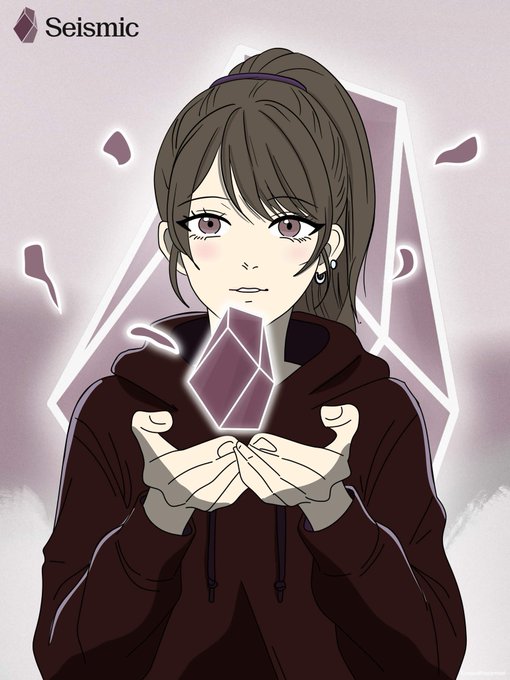 Anime-style illustration featuring a young woman with dark hair holding a glowing purple geometric crystal, branded with the 'Seismic' logo in the top left corner.