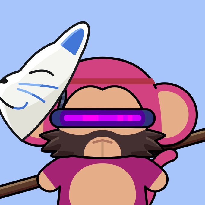 A digital illustration of a monkey character wearing a purple and pink outfit with a visor, standing next to a smiling white rabbit-like figure.