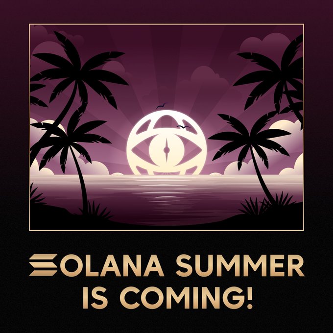 The image features a poster with a tropical beach scene at sunset, including palm trees and a large white circle with an eye inside of it. The text "Solana Summer is coming!" is written above the image, indicating that the event or product being advertised is related to the summer season.