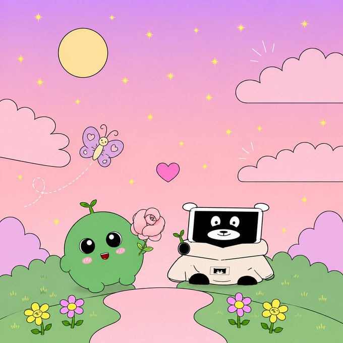 A cute cartoon scene shows a green blob-like character holding a pink rose next to a white bear-like figure with a screen face, set against a pastel pink and purple sky with stars, clouds, a moon, and a butterfly. The whimsical artwork ties into the post by visually representing "Kabu" joining the "Puffiesverse," symbolizing the welcoming of the Kabu community into Puffie's world.