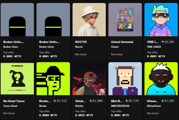 A grid display of NFT collections on a marketplace shows various pixel-art and character avatars including 'NOCTIX', 'Unixel Unreal', 'VIBE LINGS', 'No Head Toons', 'Ronks', 'Shink...', 'MINI BROKERS', and 'IShowHood' with prices in METH.