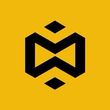 A stylized black geometric logo resembling an 'M' or abstract figure on a solid mustard yellow background.