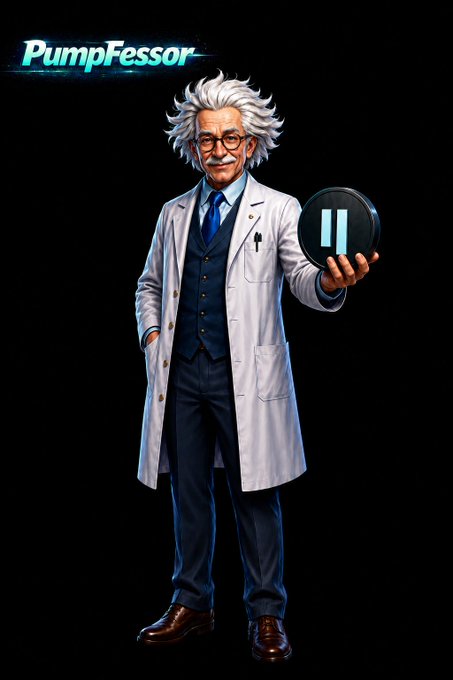 A stylized character of a mad-scientist-like professor with wild white hair, wearing a white lab coat over a navy vest and tie, holds up a dark circular disc displaying the pause icon (❚❚). The "PumpFessor" logo glows in the upper-left corner. His "pause on price" pose visually reinforces the post's message that Qubic's price action has stalled while network development—like BPP 9000 and Outsourced Computations—presses forward.