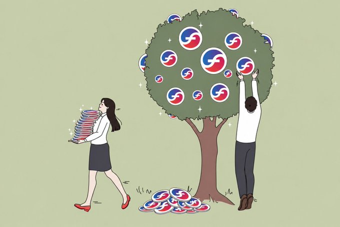 An illustration of a woman carrying a stack of plates and a man reaching into a tree to pick more plates, all bearing a red, white, and blue swirled logo resembling a stylized 'e' or 'C'.