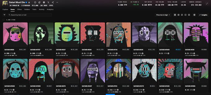A cryptocurrency NFT marketplace interface titled 'Satari Must Die' displaying a collection of glitch-style pixelated avatar NFTs with varying floor prices.