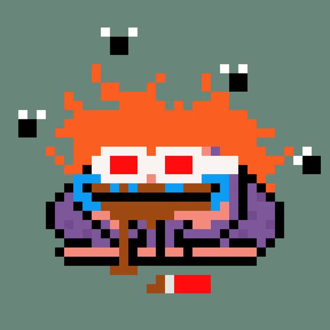 A pixel art character with wild orange hair, large white sunglasses with red lenses, and a wide grin showing teeth, surrounded by floating white cube eyes on a muted green background.