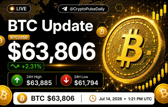 A live BTC/USD update from @CryptoPulseDaily shows Bitcoin at $63,806 (+2.31%), with a 24H high of $63,885 and low of $61,794, dated July 14, 2026.